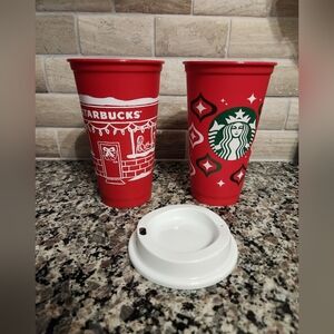 Set Of 2 Reusable Plastic Starbucks Red Holiday Cups (2023 And 2025)